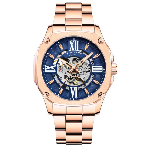 Мужские часы, Роскошные, модные, автоматические, победитель, брендовые, механические часы, мужские часы, Скелетон, часы для мужчин, Relogio Masculino, подарки - Цвет: Rose Gold Blue