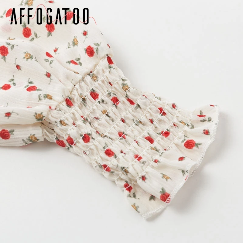 Affogatoo Sexy Off shoulder Boho floral print women blouse shirt Casual Lantern sleeve pleated female top ladies cropped blouses
