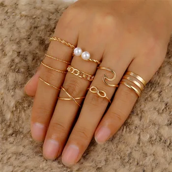 

10 Pcs/Set Minimalist Round Cross Twist Wave Rings for Women Fashion Gold Geometric Pearl Finger Ring Set Bijoux Femme 2020 New