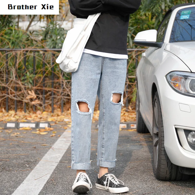 

Shattered Jeans Men's Fashion Washed Solid Color Casual Jeans Pants Man Streetwear Wild Hip Hop Loose Straight Denim Trousers