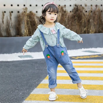 

Baby Girl Clothes Carrot Print Long Sleeve Tops + Sling jeans Denim Strap Pants Suit Girls Clothing Set Children Casual Outfits