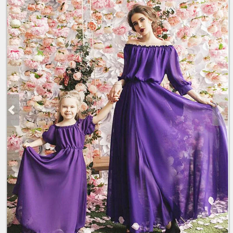 Family Dress Mother And Daughter Matching Girl Daughter Puff Sleeve One Shoulder Temperament Dress Women Newborn Baby Gilr Dress