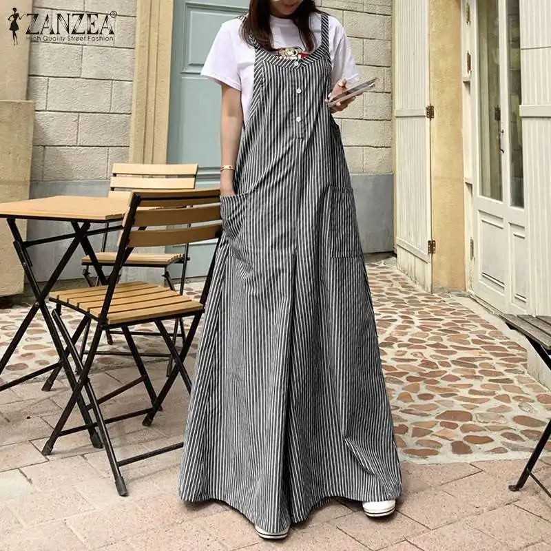 2023 ZANZEA Casual Wide Leg Pants Vintage Striped Jumpsuits Women's Summer Overalls Female Long Pantalon Palazzo Oversize Romper