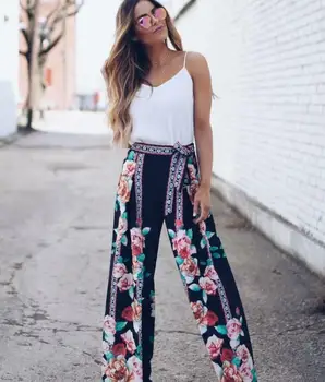 

Women Boho Casual Loose Wide Leg Pants Lady Bandage Floral Print Long Trousers