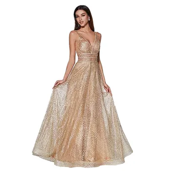 

BacklakeGirls New Sequined Evening Dress Illusion Tulle Sexy Deep V Neck Sleeveless Open Back Long Prom Dresses Galajurk