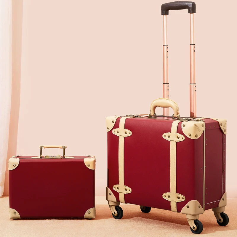 16 "18" Cabin Luxury Travel Hand Suitcase Set PU Leather Scooter Luggage Sets Rolling With Wheels Lady's Retro Cute Trolley Case