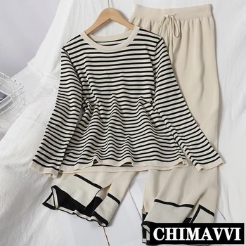 

Autumn New Female Hit Color Stripes Pullover Sweater Top + Knitted Wide Leg Pants Two-Piece Suit for Women Winter Clothes