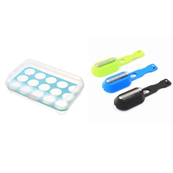 

1Pcs Egg Tray for Refrigerator,15 Eggs Tray Holder with Lid(Blue) & 1Pcs Stainless Steel Fish Scales Planing (Random Color)