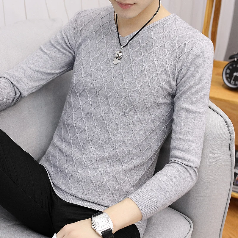 2019 spring and autumn uomo sweater Korean men's V-neck slim head long-sleeved Plaid thin section Chinese Style Beige Gray