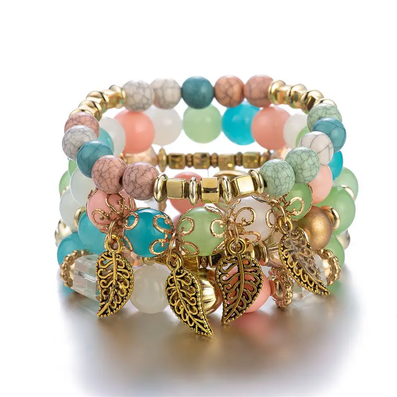 

4pcs/Set Fashion Multilayer Bohemia Bracelets&Bangles Gold Leaves Beaded Bracelet Colorful Stone Wrap Bracelet For Women