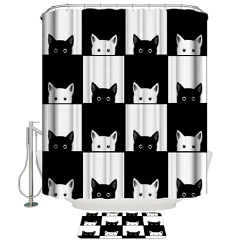 

Black White Plaid Cat Shower Curtain Set and Anti-slip Floor Mat Outdoor Rugs
