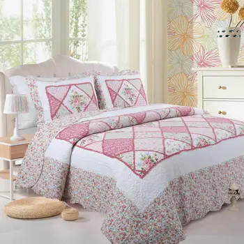 

J3 3Pc Pink Rose Patchwork Bedspread Bedcover Pillow shams 100% Cotton Rich Bed Throw Sofa cover Reversible Coverlet Ultra Soft