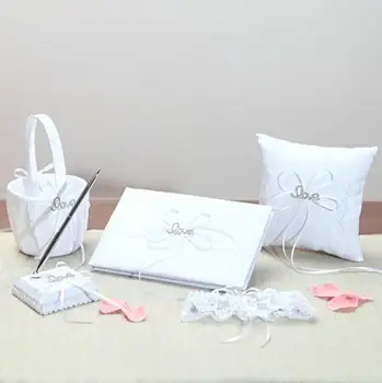 

Wedding Collection Set With Rhinestones and Bowknot (Set of 5) Wedding Guestbook Ring Pillow Pen Set Garter and Flower Basket