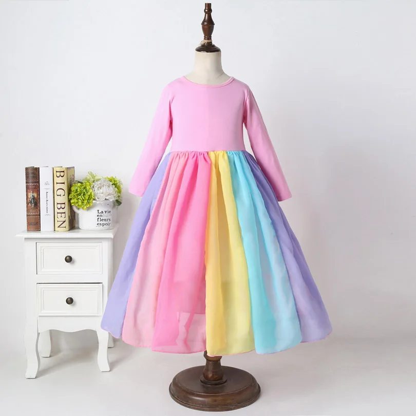 Платье-пачка с длинными рукавами и принтом радуги для маленьких девочек; roupas infantis menina; Детские платья для девочек; vestidos От 1 до 6 лет