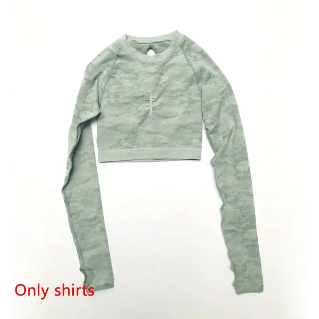 Green Top 3 шт., камуфляжный бесшовный комплект для йоги, женская одежда для тренировок, бюстгальтер с эффектом омбре, топы с длинными рукавами, леггинсы, спортивный комплект для фитнеса, женская спортивная одежда - Цвет: Green Top