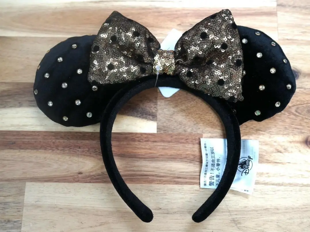 2021 Disney Parks Black & Gold Rhinestone Velvet Minnie Ears Headband