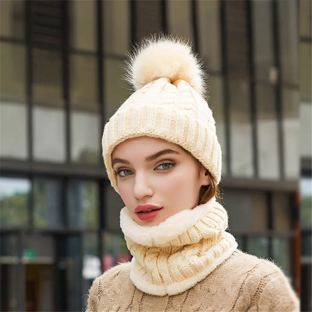 Модная шапка Skullies Beanies, зимняя шапка с шарфом, шапка с воротником, набор, плюшевая бархатная Толстая вязаная шапка, меховые шапки с помпоном для женщин, теплая шапка