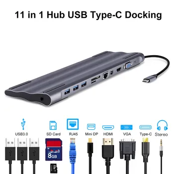 

Portable Type-c Plug 11 In 1 USB3.0 Hub RJ45 HD VGA Converter 3.5mm Audio Adapter SD TF Memory Card Reader