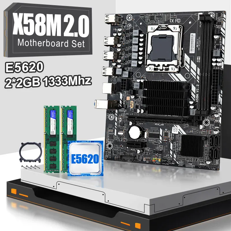 Комплект материнской платы X58M2.0 LGA1366 для настольного компьютера с процессором Intel Xeon E5620 и памятью 4 Гб (2 шт. * 2