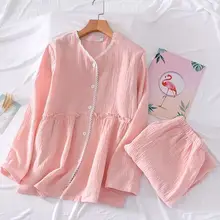

2021 New Autumn Cotton Crepe Long Sleeved Trousers Pajamas for Women Sleepwear Pyjamas Women Plus Size Breathable Home Clothes