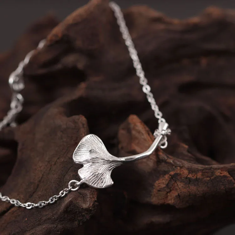 

Genuine 925 Sterling Silver Bracelets for Women Ginkgo Leaf Plant Chain Adjustable Bracelet Handmade Ethnic Jewelry Dropshipping