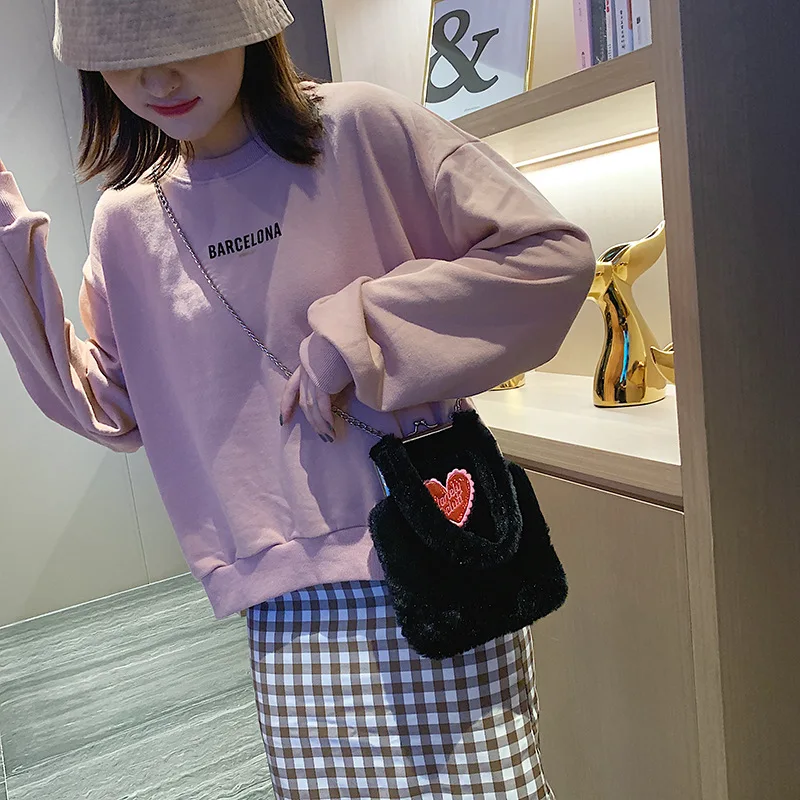 

Western Style Textured Plush Women's 2019 Autumn And Winter New Style Fashion Fashion Shoulder Bag/ Hand Bag jia kou bao Shoulde