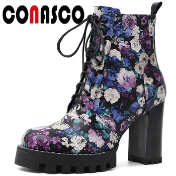 

CONASCO Mature Fashion Women Ankle Boots Martin Boots Casual Embossment Flower Round Toe Thick Heel Lace-Up Side Zipper Boots