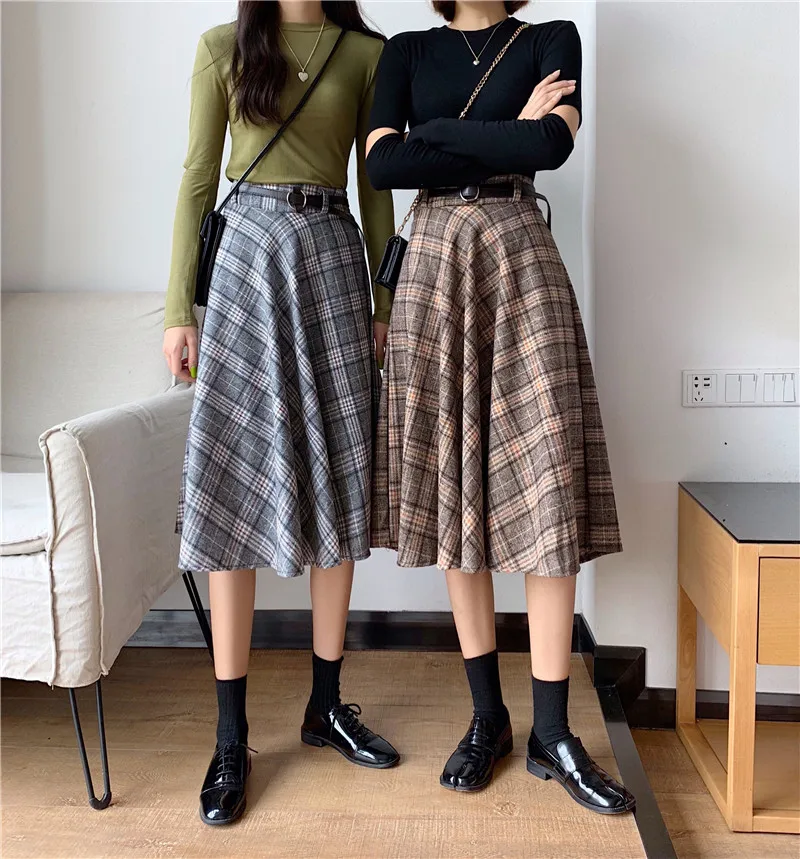 Harajuku длинные юбки женские Осень Зима Высокая талия плиссированная шерстяная клетчатая юбка Уличная Одежда большого размера миди юбка куртка femme