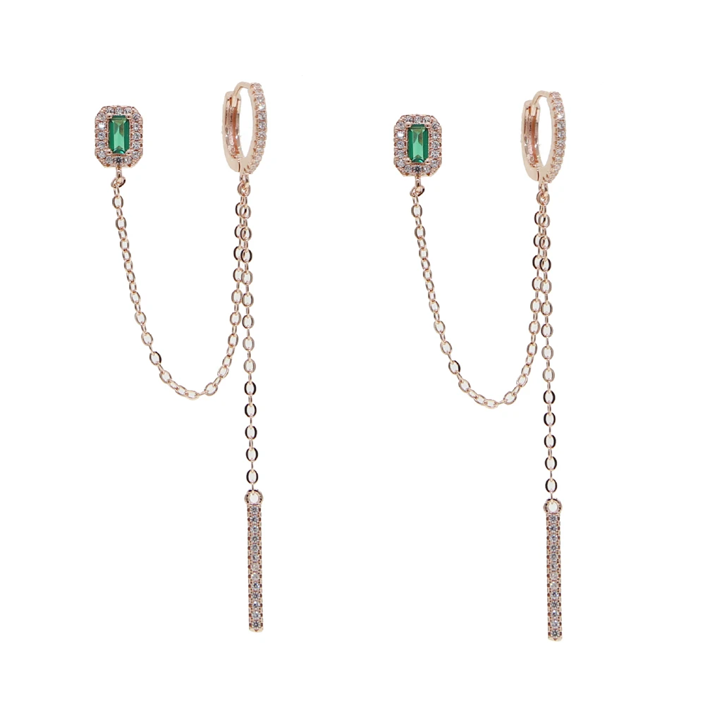 double piercing silver color rose gold clear green rectangle cubic zirconia long chain tassel earring 2020 new 3
