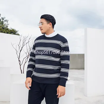 

Sweater Male Loose Round Neck Outside Wear Autumn Style Big Size Stripes Sweater Plus Fat Plus Knitting Shirt