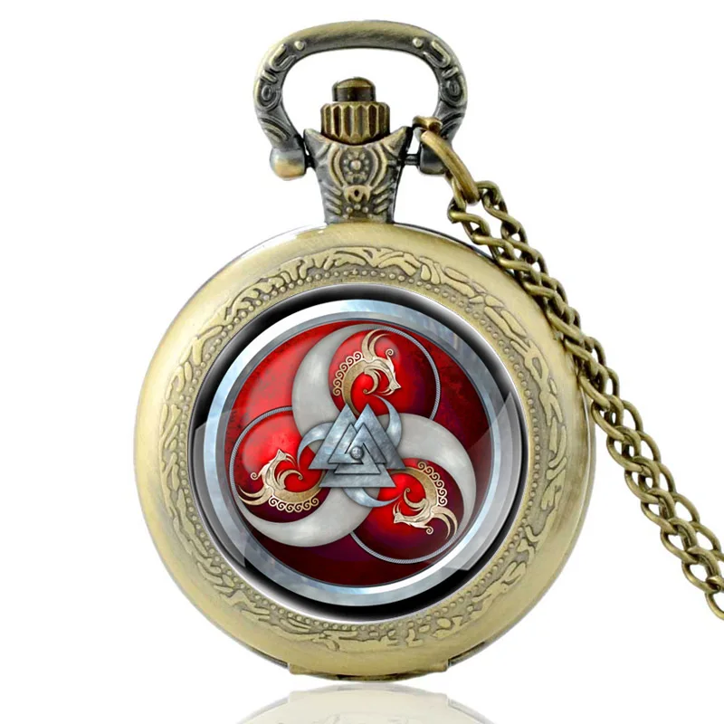 

Vintage Viking Triangle Symbol Pattern Bronze Quartz Pocket Watch Men Women High Quality Pendant Necklace Hours Clock Gifts