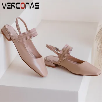 

VERCONAS Women Popular Fashion Thick Heel Wild Sandals Office Shoes Slippers Square Toe Genuine Leather Thick Heels Shoes Woman