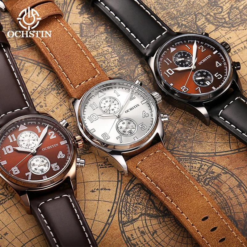 Ochstin Mens Watches New Fashion Leather Sports Wristwatch Chronograph Quartz Watch Top Brand Men Clock Relogio Masculino