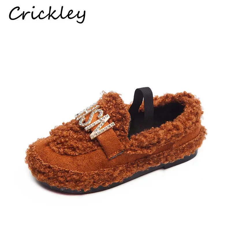 

Winter Kids Girls Flat Shoes Fashion Plush Warm Single Shoes for Toddler Girls Princess Bling Rhinestone Children Girls Fur Shoe