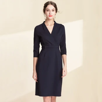 

2020 New Arrival Spring Fall Dress Women Slim Pencil Midi Dresses Female Professional OL V Neck Office Ladies Formal Work Wear