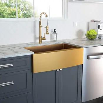 

Farmhouse Sink Gold Kitchen Sink Apron Front 16 Gauge Matte Gold Stainless Steel Deep Single Bowl Farm Sinks