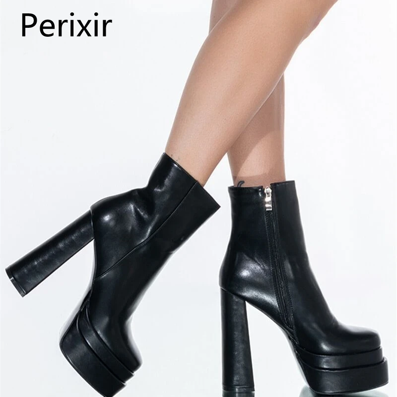 

Perixir Design Women Chunky Heel Ankle Boot Double Platform Winter Soild Footwear Side Zipper Run Way Fashion Ladies Shoes Black