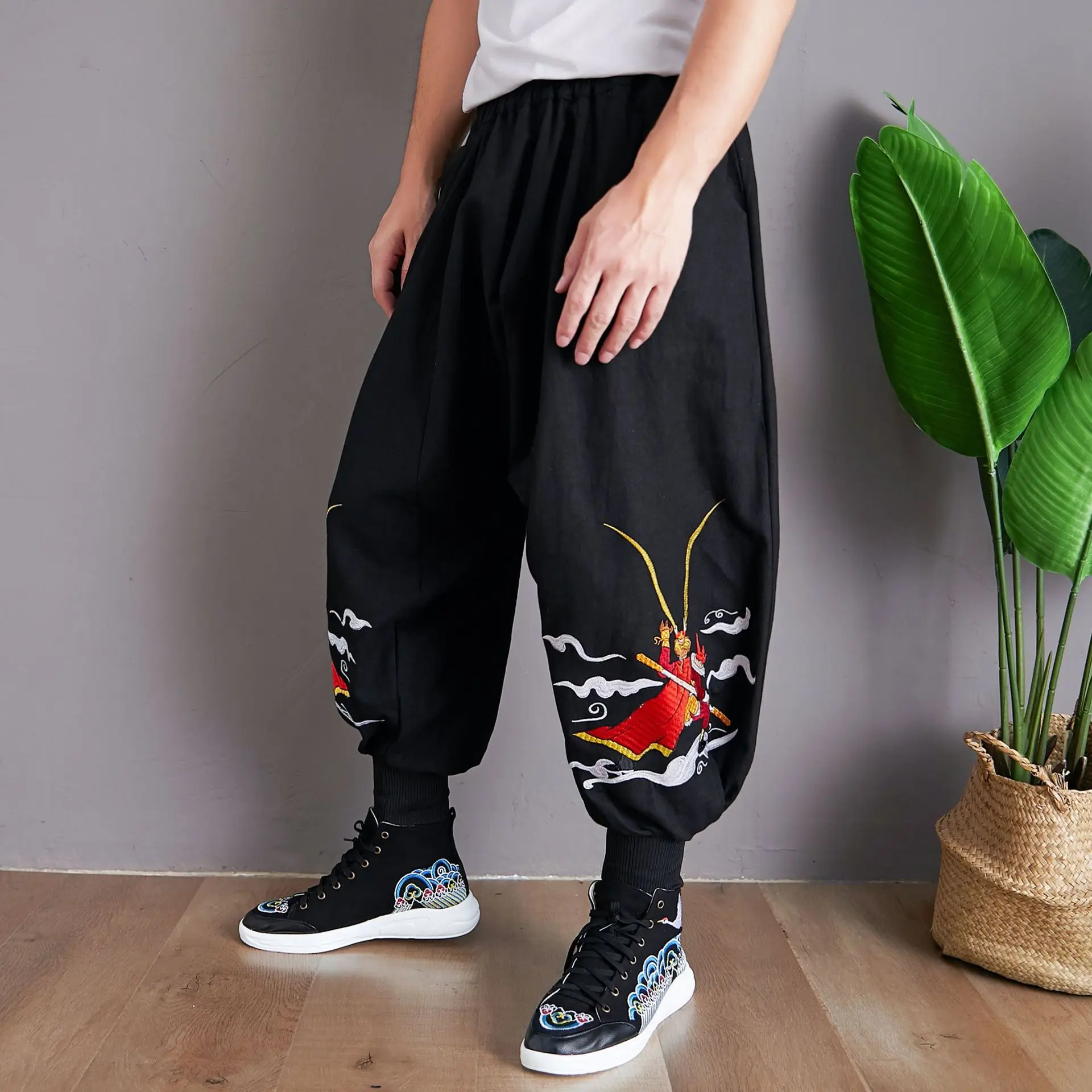 Men Cotton Linen Embroidery Casual Pant Male Vintage Fashion Loose