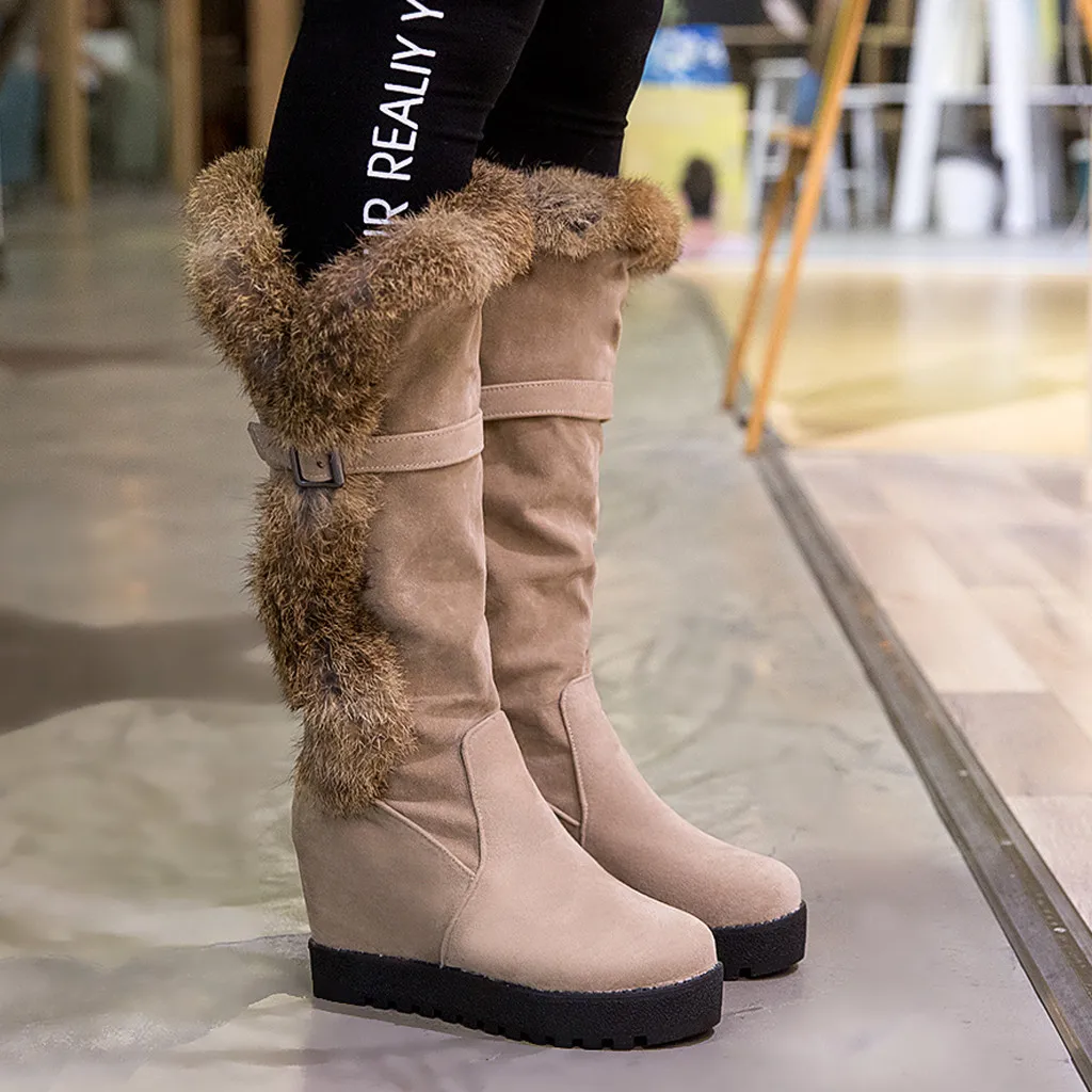 Women Solid Color Increased Warm Snow Boots Ladies Plush lining booties Winter Snow Boots Strap Shoes plus size 35-43 Comfort