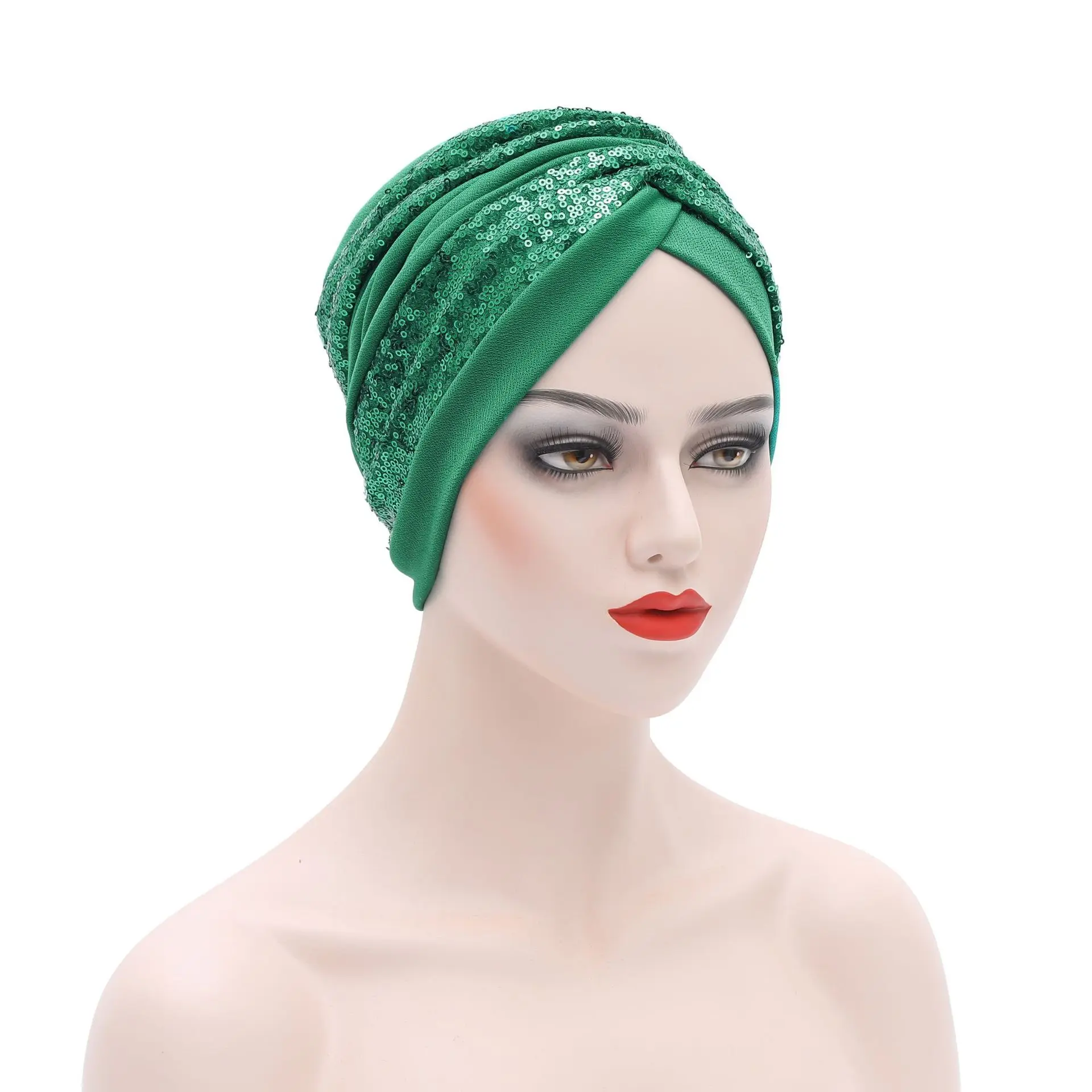 2021 New Fashipn Sequins Crinkle Africa Headtie Muslim Turban Cap Arab India Hijab Hat Women Wrap Head Turbante Mujer african attire for women