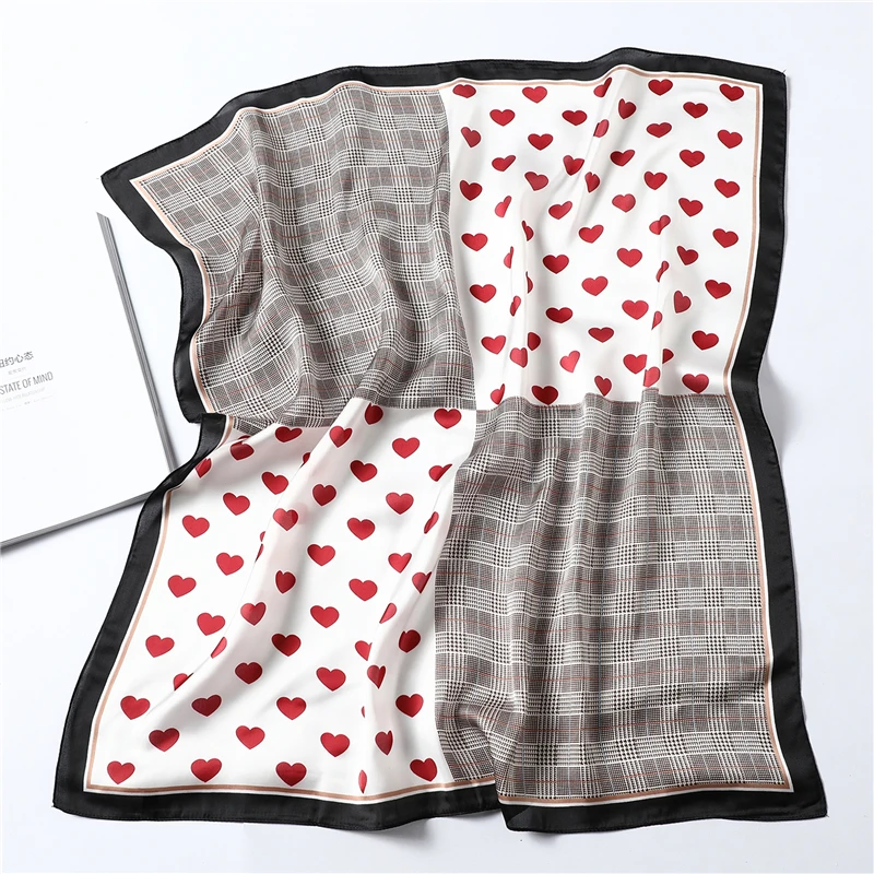 Women Print Silk Scarf Red Heart Lovely Plaid Neck Scarves Lady Foulard Shawls Pashmina Bandana Hair Head Kerchief