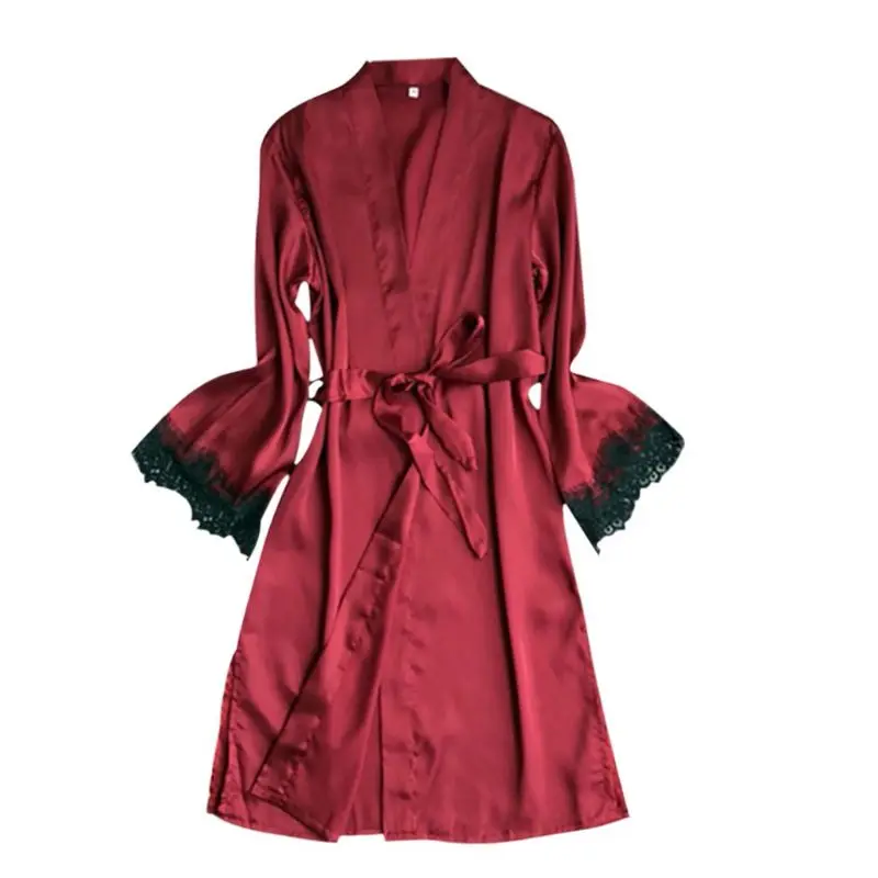 Женская пижама из искусственного шелка, открытой передней банный халат-кимоно с v-образным вырезом однотонные цветные ресницы, с кружевной манжетой, ночная рубашка с длинным рукавос с поясом на талии, одежда для сна