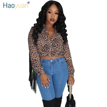

HAOYUAN Sexy Tassel Leopard Print Fringe Bomber Jacket Women Fashion Fall Clothes Long Sleeve Cheetah Short Coats Crop Outwear