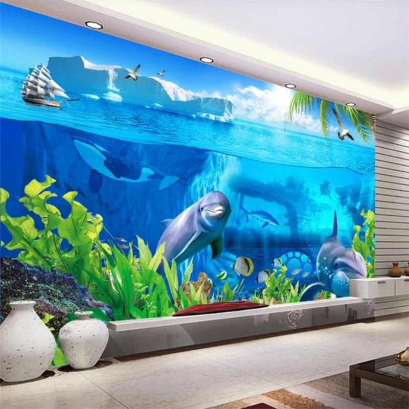 

wellyu Custom 3d wallpaper love sea beauty balcony landscape TV background wall seabed iceberg marine animal decoration 3d обои