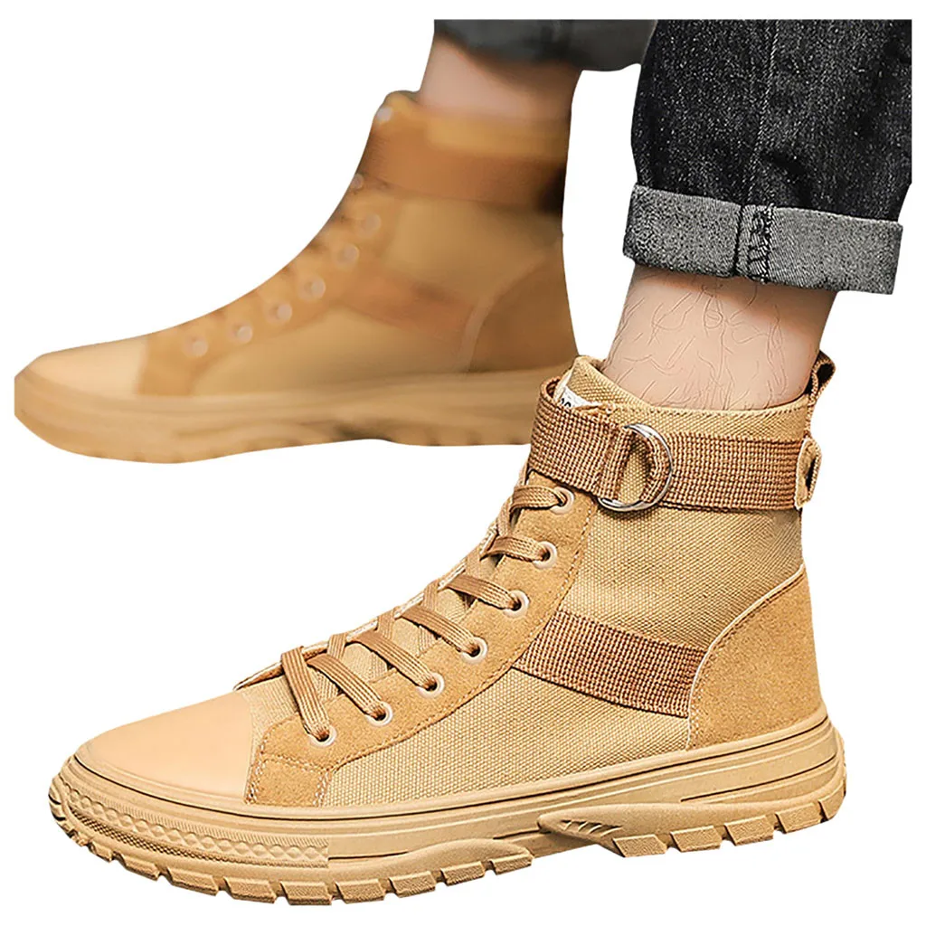 Belt Buckle Men's Retro England Lace Boots High-Top Tooling Canvas Shoes Male Solid Color Khaki Short Booties zapatillas hombre