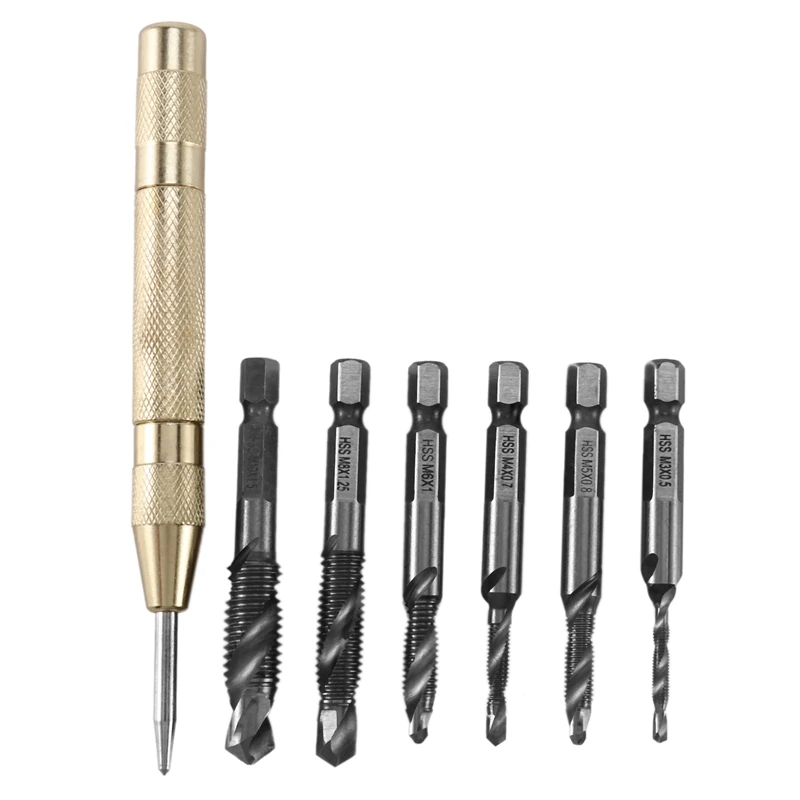 with Automatic Spring Loaded Center Punch Tool for Tapping in Wood Plastic and Aluminum Drill Bit WEI-LUONG Tools 7 Pcs 1/4 Inch Hss Spiral Hex Shank Combination Drill Screw Tap Bit Set M3-M10 with Automatic Spring Loaded Center Punch Tool for Tapping in Wood Plastic and Aluminum Drill Bit WEI-LUONG Tools 7 Pcs 1/4 Inch Hss Spiral Hex Shank Combination Drill Screw Tap Bit Set M3-M10