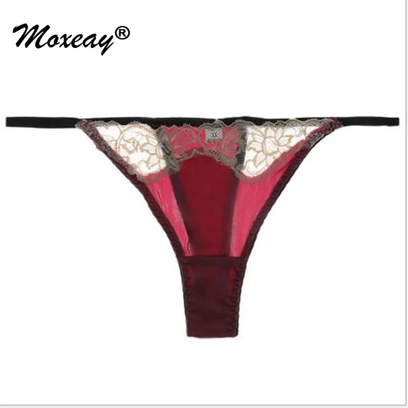 

Moxeay Lace Embroidery Transparent Panties G-string Underwear Sexy Satin Silk Thong Panties Patchwork Lace T Back Underpants