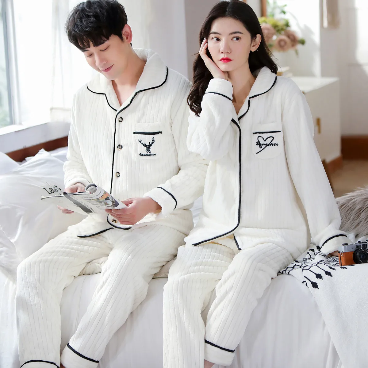 Autumn Winter Coral Velvet Couple Pajamas Set V-Neck Plus Size Home Service Suit Casual Women Flannel White Sleepwear Nightwear silk pajamas