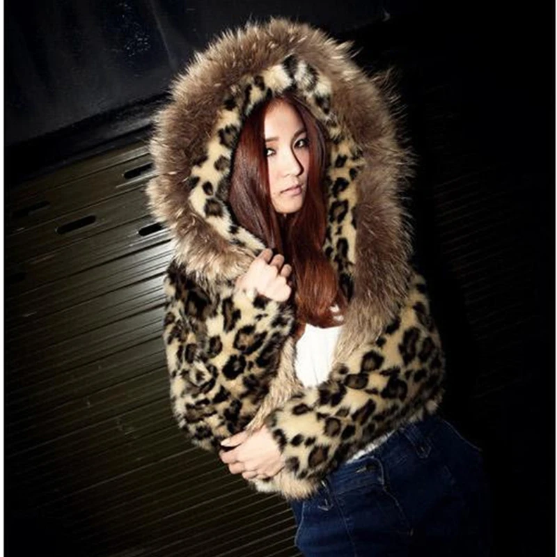 Leopard Новинка зимы, Женское пальто с искусственным мехом, с капюшоном, леопардовая расцветка, короткое тонкое пальто, искусственный мех, теплая Толстая куртка, осень размера плюс, Женская Корейская одежда - Цвет: Leopard