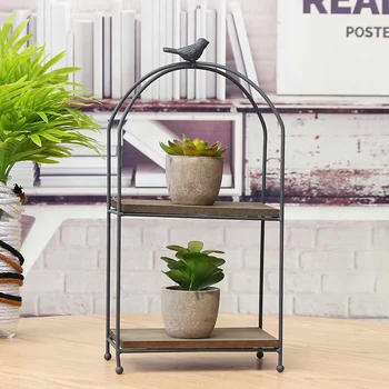 

2 Layer Retro Iron Plant Rack Stand Plant Succulent Shelf Desktop Garden Flower Stand with Wood Plate Home Decorative